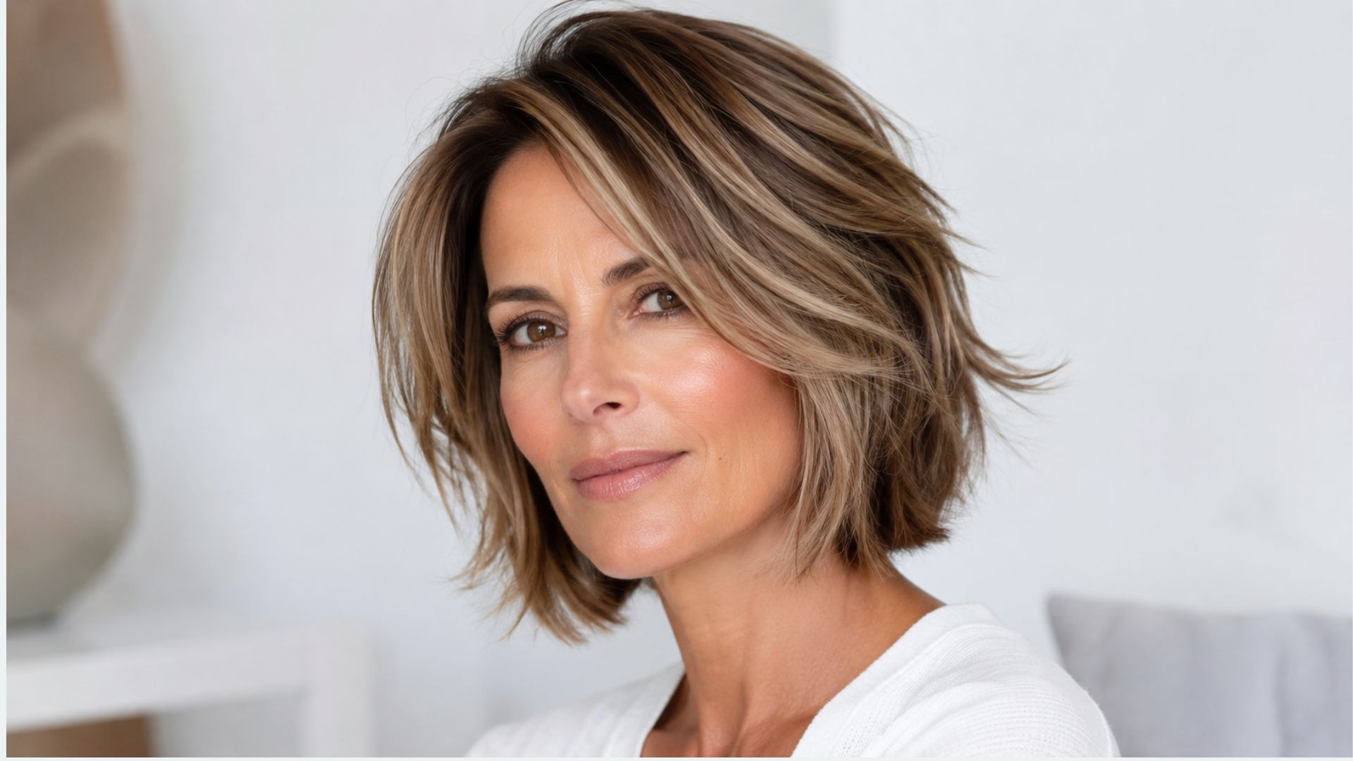 Donna over 40 con taglio corto texturizzato e balayage delicato, con sfumature leggere che danno profondità ai capelli e luminosità al viso.