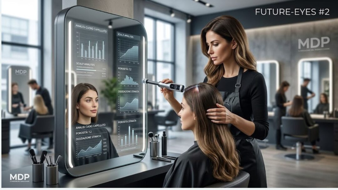 Diagnosi aumentata in un salone di bellezza futuristico con parrucchiera che usa uno scanner per capelli e specchio smart con grafici digitali AI.