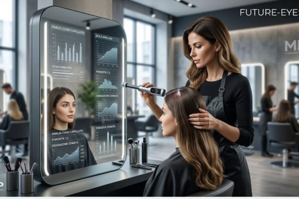 Diagnosi aumentata in un salone di bellezza futuristico con parrucchiera che usa uno scanner per capelli e specchio smart con grafici digitali AI.