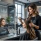 Diagnosi aumentata in un salone di bellezza futuristico con parrucchiera che usa uno scanner per capelli e specchio smart con grafici digitali AI.
