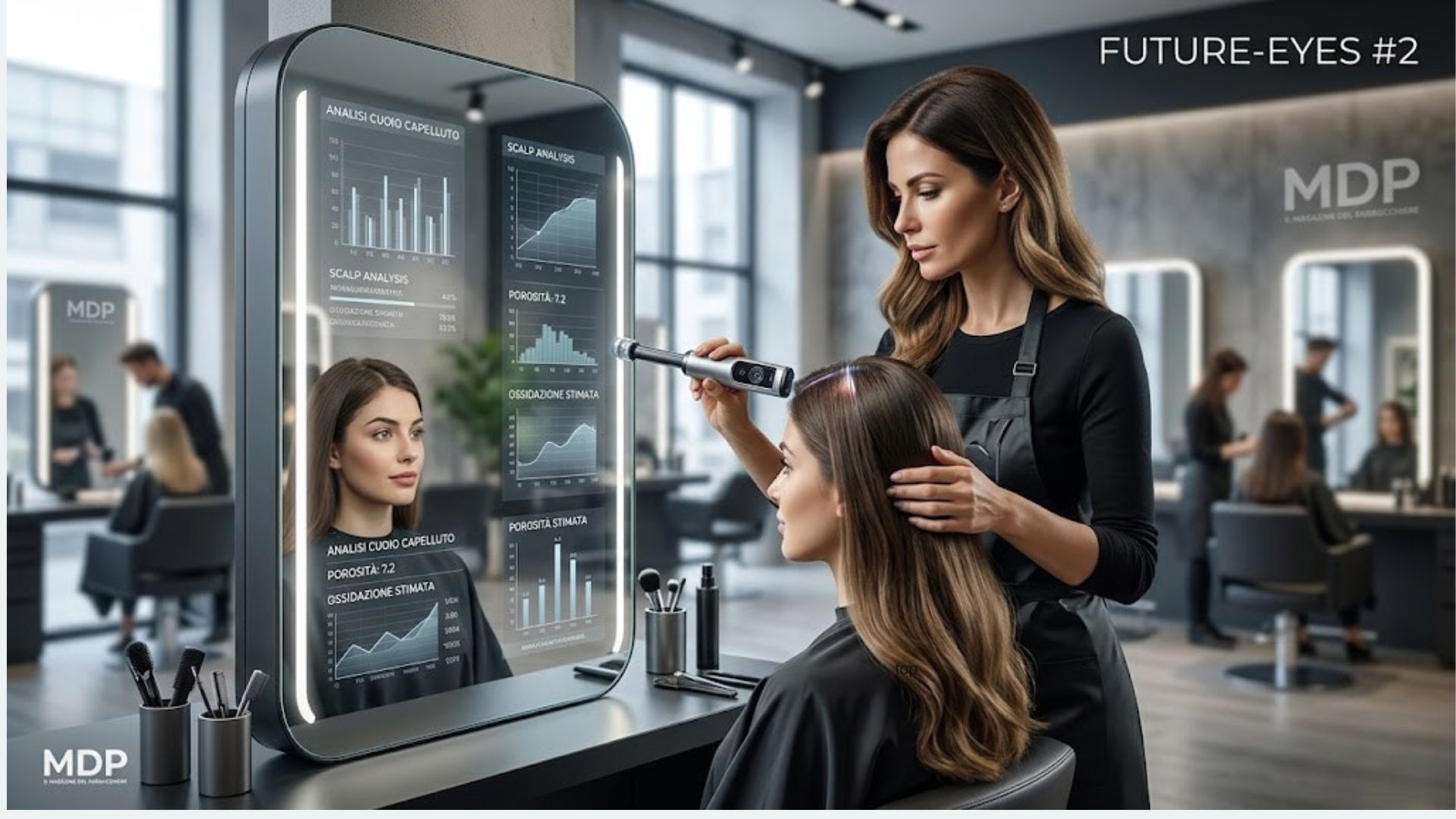 Diagnosi aumentata in un salone di bellezza futuristico con parrucchiera che usa uno scanner per capelli e specchio smart con grafici digitali AI.