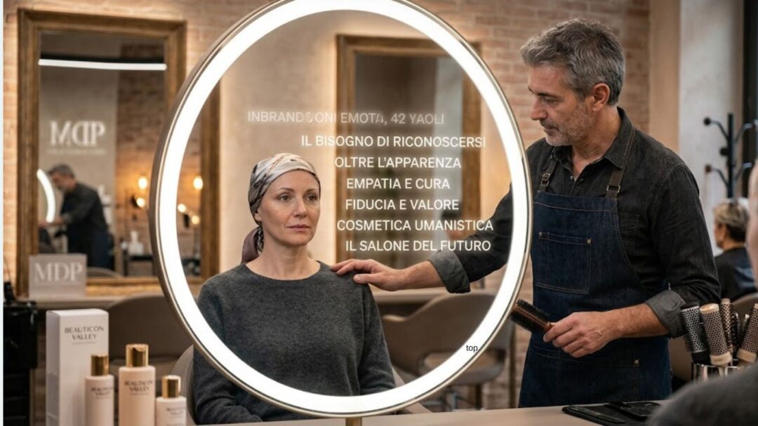 Un'immagine potente che cattura un momento di empatia in un salone di bellezza moderno. Una cliente, con un foulard in testa a causa della chemioterapia, guarda con intensità il suo riflesso in uno specchio rotondo e luminoso. Al suo fianco, un parrucchiere esperto e sensibile le posa delicatamente una mano sulla spalla, offrendo supporto e comprensione. Lo specchio riflette i temi centrali della Cosmetica Umanistica, come "IL BISOGNO DI RICONOSCERSI", "OLTRE L'APPARENZA" ed "EMPATIA E CURA". La scena, iper-realistica e con un'atmosfera calda, mostra sullo sfondo specchi incorniciati, luci d'atmosfera e flaconi di prodotti BEAUTICON VALLEY, trasmettendo un profondo senso di intimità e trasformazione interiore.