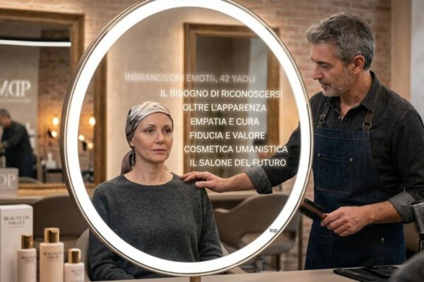 Un'immagine potente che cattura un momento di empatia in un salone di bellezza moderno. Una cliente, con un foulard in testa a causa della chemioterapia, guarda con intensità il suo riflesso in uno specchio rotondo e luminoso. Al suo fianco, un parrucchiere esperto e sensibile le posa delicatamente una mano sulla spalla, offrendo supporto e comprensione. Lo specchio riflette i temi centrali della Cosmetica Umanistica, come "IL BISOGNO DI RICONOSCERSI", "OLTRE L'APPARENZA" ed "EMPATIA E CURA". La scena, iper-realistica e con un'atmosfera calda, mostra sullo sfondo specchi incorniciati, luci d'atmosfera e flaconi di prodotti BEAUTICON VALLEY, trasmettendo un profondo senso di intimità e trasformazione interiore.