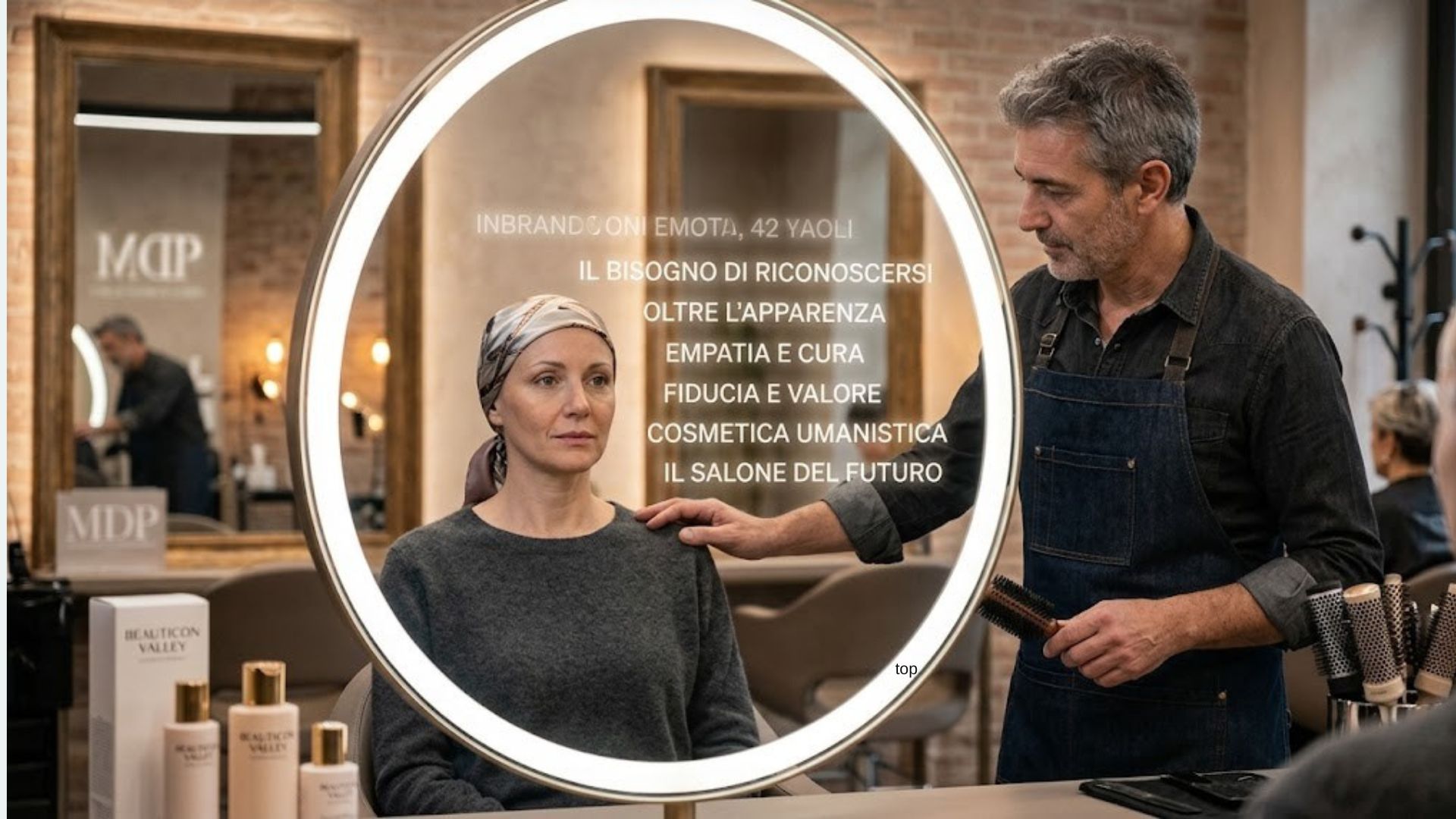 Un'immagine potente che cattura un momento di empatia in un salone di bellezza moderno. Una cliente, con un foulard in testa a causa della chemioterapia, guarda con intensità il suo riflesso in uno specchio rotondo e luminoso. Al suo fianco, un parrucchiere esperto e sensibile le posa delicatamente una mano sulla spalla, offrendo supporto e comprensione. Lo specchio riflette i temi centrali della Cosmetica Umanistica, come "IL BISOGNO DI RICONOSCERSI", "OLTRE L'APPARENZA" ed "EMPATIA E CURA". La scena, iper-realistica e con un'atmosfera calda, mostra sullo sfondo specchi incorniciati, luci d'atmosfera e flaconi di prodotti BEAUTICON VALLEY, trasmettendo un profondo senso di intimità e trasformazione interiore.