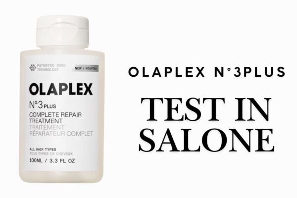 Flacone del nuovo trattamento Olaplex N.3 Plus con testo laterale "Test in Salone"