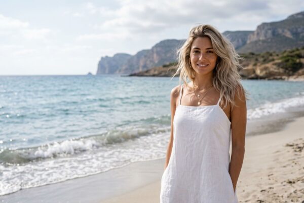 Una donna bionda sorridente in un abito di lino bianco su una spiaggia sabbiosa in riva al mare con scogliere sullo sfondo.
