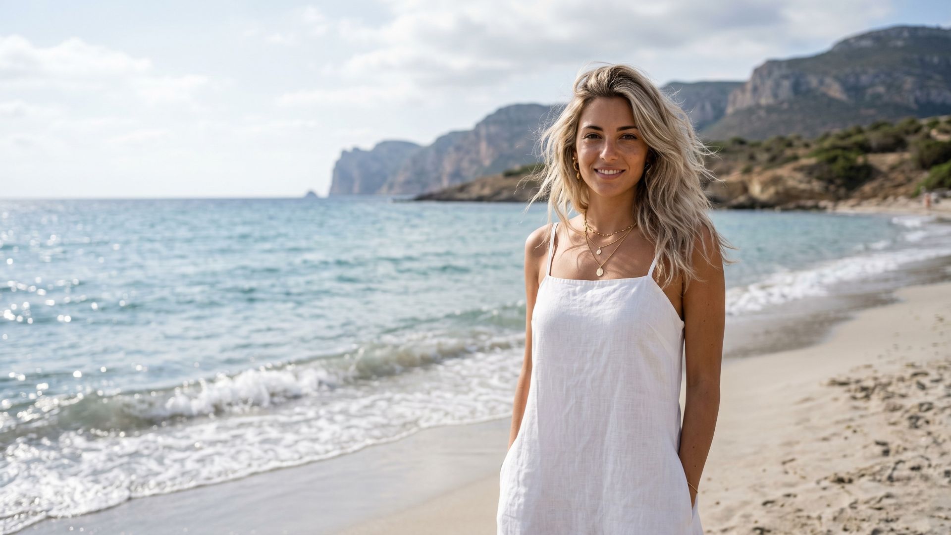 Una donna bionda sorridente in un abito di lino bianco su una spiaggia sabbiosa in riva al mare con scogliere sullo sfondo.