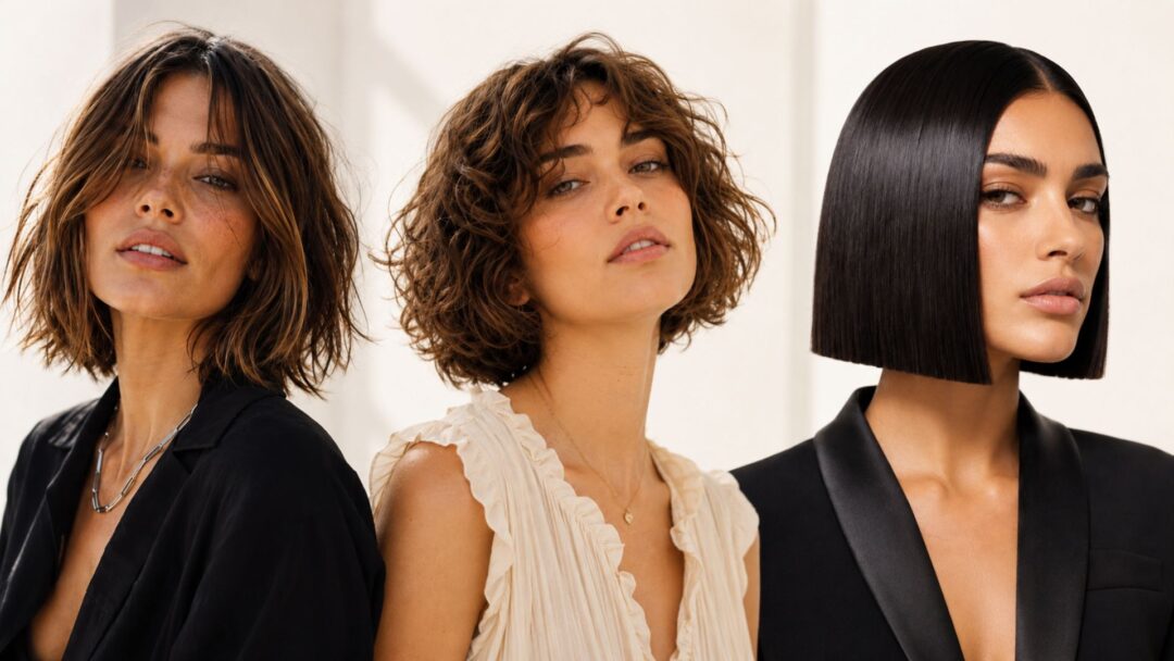 Tre modelle con tre diverse interpretazioni del bob 2026: Cowgirl Bob texturizzato, Cherub Bob mosso e voluminoso, Glass Bob liscio e lucidissimo.