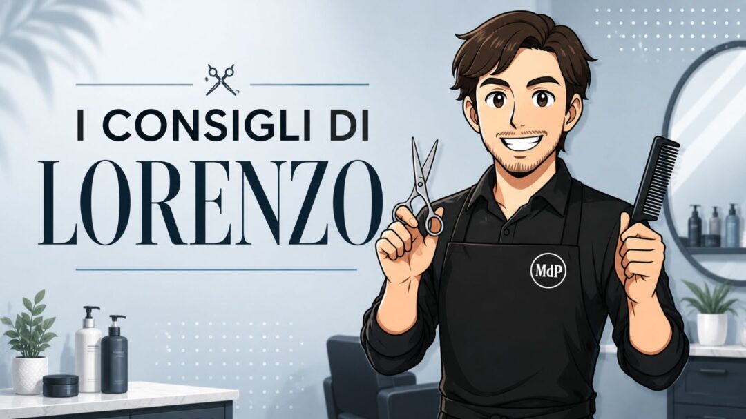 Copertina orizzontale con il titolo “I Consigli di Lorenzo” e illustrazione di Lorenzo, hairstylist MDP, con forbici e pettine in mano all’interno di un salone moderno.