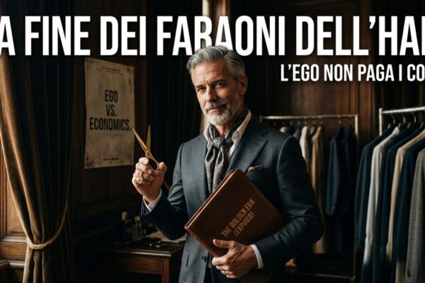 Un elegante hairstylist in abito scuro tiene in mano forbici d'oro e un portfolio di contratti scaduti, a simboleggiare la fine dei ricchi budget aziendali nel settore hair.
