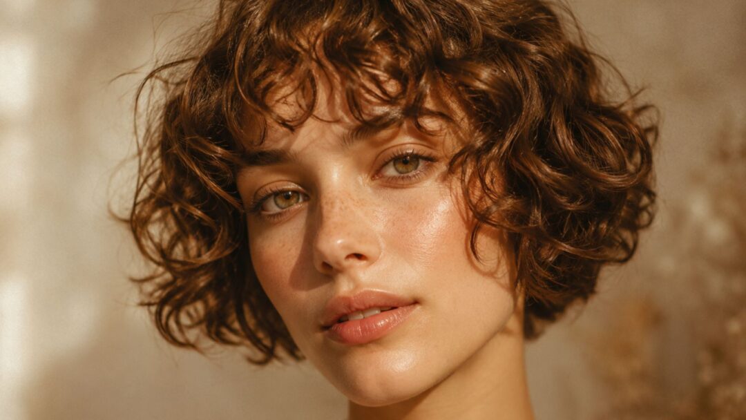 Un primo piano ravvicinato sognante che cattura l'essenza del Cherub Bob. La modella, con occhi verdi e lentiggini, mostra un caschetto corto e riccio castano naturale, illuminato da una luce solare calda e dorata (ora d'oro). I capelli sono voluminosi, soffici, perfettamente definiti e leggeri, incarnando un look etereo e romantico. Tendenze Capelli 2026 MDP.