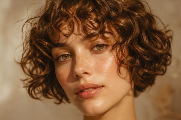 Un primo piano ravvicinato sognante che cattura l'essenza del Cherub Bob. La modella, con occhi verdi e lentiggini, mostra un caschetto corto e riccio castano naturale, illuminato da una luce solare calda e dorata (ora d'oro). I capelli sono voluminosi, soffici, perfettamente definiti e leggeri, incarnando un look etereo e romantico. Tendenze Capelli 2026 MDP.