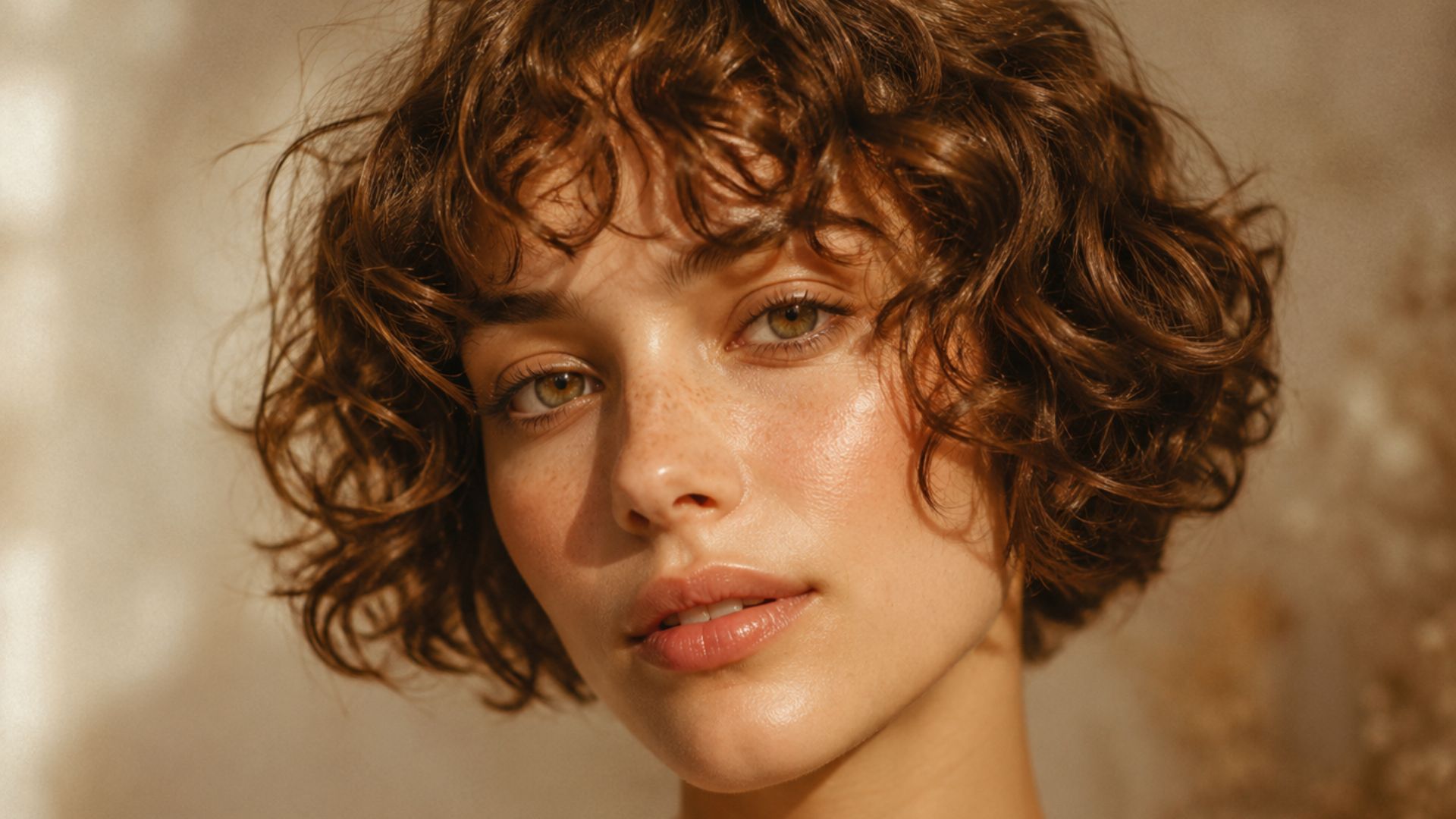 Un primo piano ravvicinato sognante che cattura l'essenza del Cherub Bob. La modella, con occhi verdi e lentiggini, mostra un caschetto corto e riccio castano naturale, illuminato da una luce solare calda e dorata (ora d'oro). I capelli sono voluminosi, soffici, perfettamente definiti e leggeri, incarnando un look etereo e romantico. Tendenze Capelli 2026 MDP.