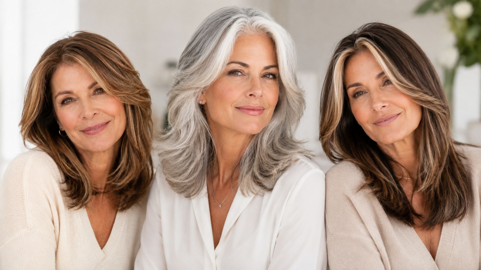 Tre donne over 50 con capelli valorizzati da tonalità calde, oyster grey e face framing luminoso.