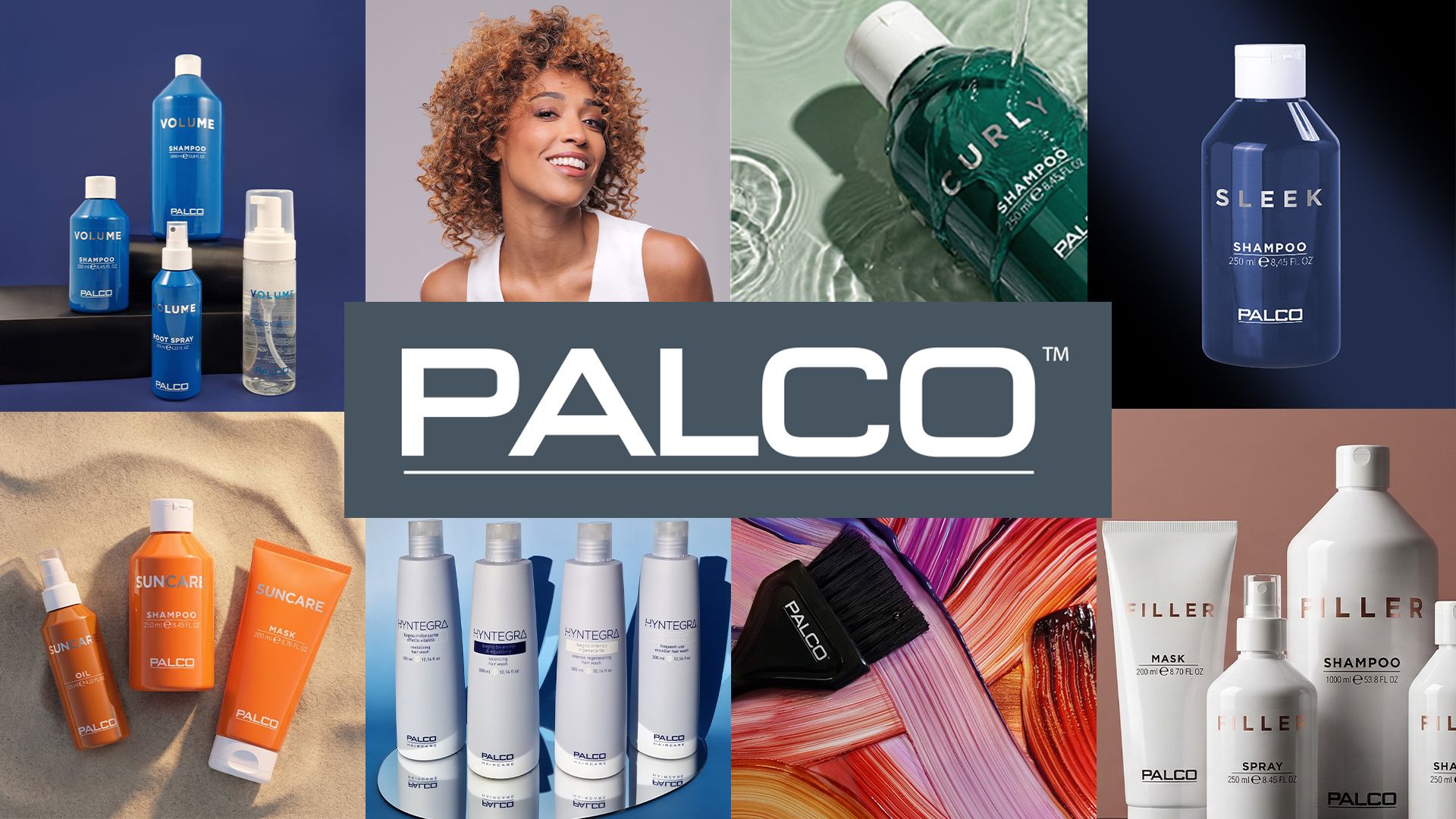 Prodotti professionali per capelli Palco Professional con linee Volume, Curly, Sleek, Suncare, Hyntegra e Filler