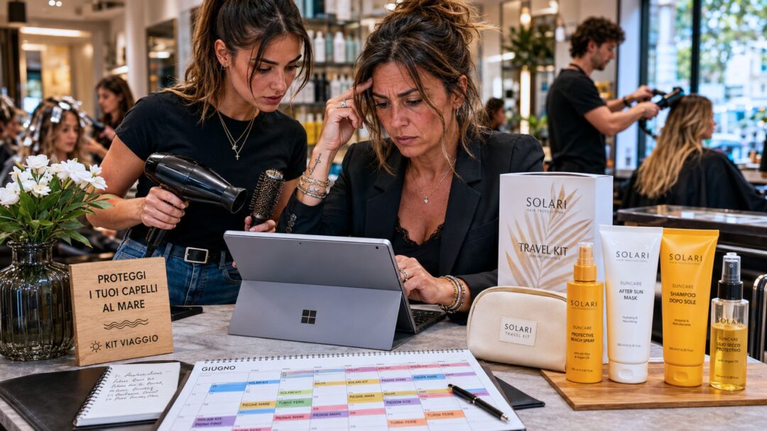 Titolare di salone e giovane hairstylist analizzano un tablet in un salone moderno, con prodotti solari professionali per capelli esposti sul banco.