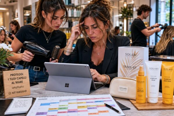 Titolare di salone e giovane hairstylist analizzano un tablet in un salone moderno, con prodotti solari professionali per capelli esposti sul banco.