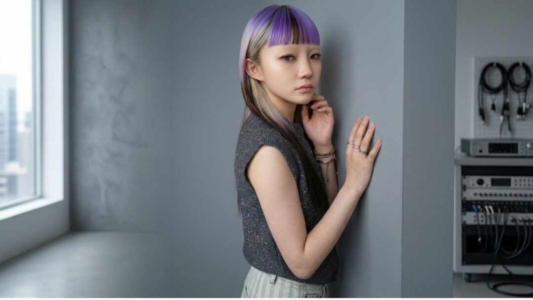 Modella con look capelli Purple Black Mode Design, taglio lungo liscio con micro-frangia viola e biondo platino, in posa di profilo in uno studio fotografico moderno su sfondo grigio.