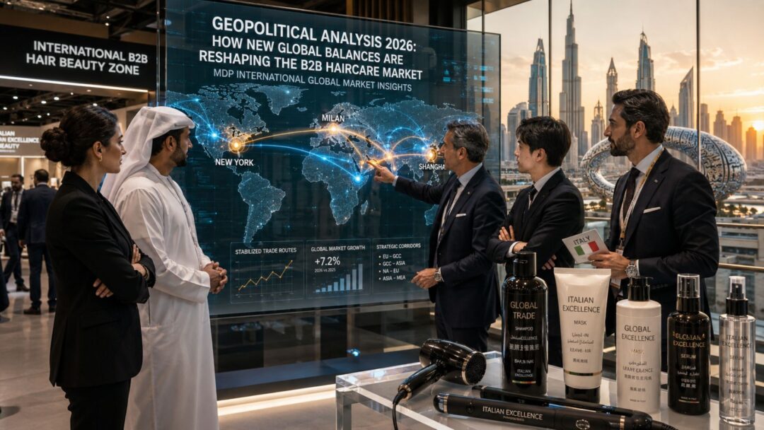 B2B cosmetics trade fair booth at Beautyworld Middle East 2026 in Dubai with international executives analyzing a global haircare market trade route map on a large digital screen.