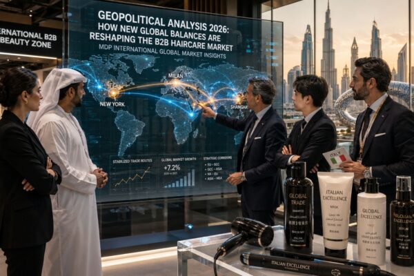 B2B cosmetics trade fair booth at Beautyworld Middle East 2026 in Dubai with international executives analyzing a global haircare market trade route map on a large digital screen.