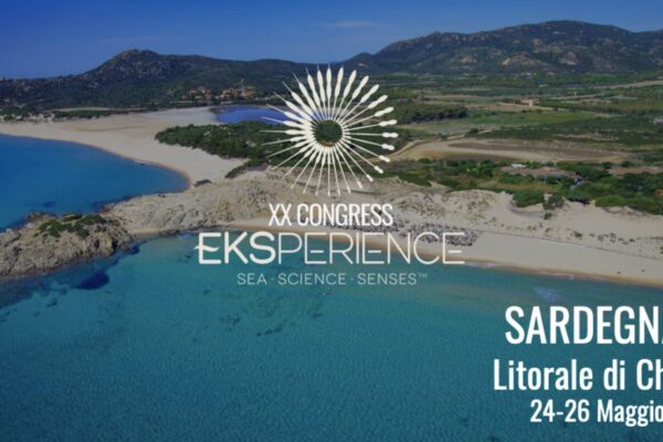 Veduta aerea panoramica della splendida spiaggia e del mare cristallino del Litorale di Chia in Sardegna, con la grafica ufficiale del XX Congress Eksperience.