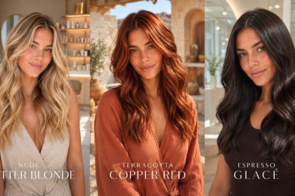 Banner orizzontale editoriale con tre ritratti affiancati della stessa donna che mostrano tre tendenze colore capelli estate: a sinistra Nude Butter Blonde in salone luminoso, al centro Terracotta Copper Red su patio mediterraneo, a destra Espresso Glacé in interno elegante. Ogni look mette in evidenza texture, lucentezza e personalità del colore.
