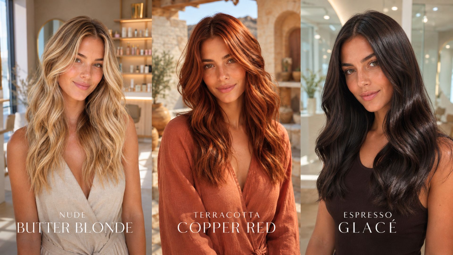 Banner orizzontale editoriale con tre ritratti affiancati della stessa donna che mostrano tre tendenze colore capelli estate: a sinistra Nude Butter Blonde in salone luminoso, al centro Terracotta Copper Red su patio mediterraneo, a destra Espresso Glacé in interno elegante. Ogni look mette in evidenza texture, lucentezza e personalità del colore.