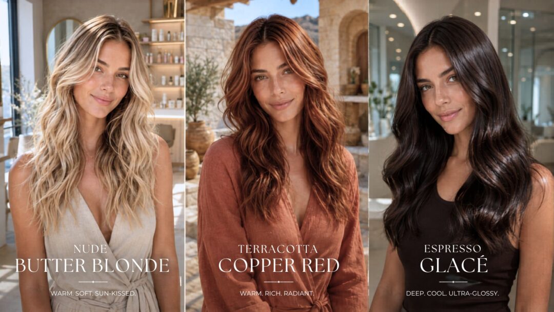 Horizontal editorial triptych showing three premium summer hair color trends on the same woman: Nude Butter Blonde with soft beach waves in a bright salon, Terracotta Copper Red in golden Mediterranean sunlight, and Espresso Glacé dark brown with ultra-glossy shine in an elegant indoor setting.