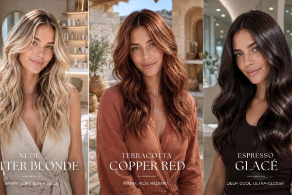 Horizontal editorial triptych showing three premium summer hair color trends on the same woman: Nude Butter Blonde with soft beach waves in a bright salon, Terracotta Copper Red in golden Mediterranean sunlight, and Espresso Glacé dark brown with ultra-glossy shine in an elegant indoor setting.
