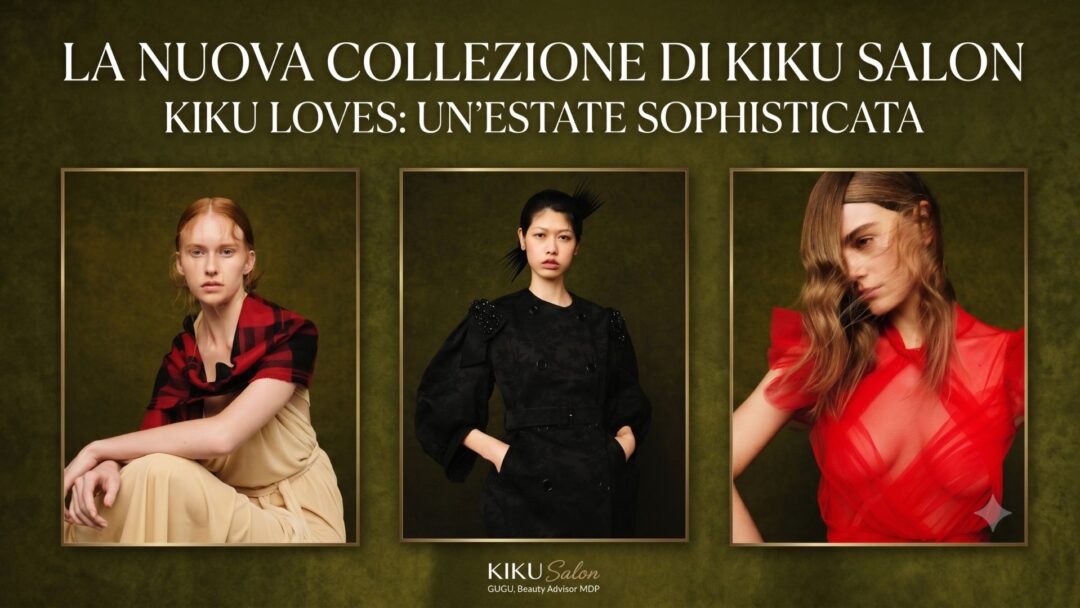Banner editoriale della collezione KIKU LOVES di Kiku Salon con tre modelle che mostrano i trend colore Toasted Brunette, Bitter Chocolate e Nectarine Copper su sfondo verde oliva.