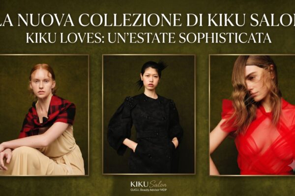 Banner editoriale della collezione KIKU LOVES di Kiku Salon con tre modelle che mostrano i trend colore Toasted Brunette, Bitter Chocolate e Nectarine Copper su sfondo verde oliva.