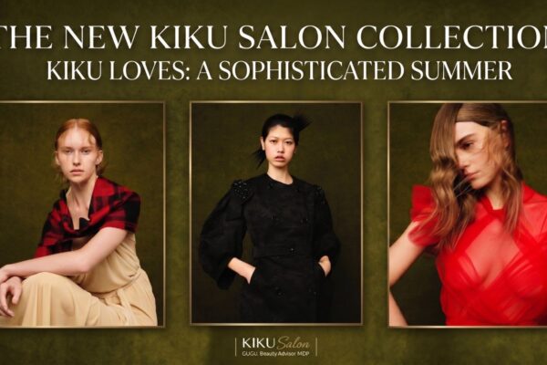 Editorial banner of Kiku Salon's KIKU LOVES collection featuring three models showcasing Toasted Brunette, Bitter Chocolate, and Nectarine Copper hair colors against an olive green background.