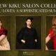 Editorial banner of Kiku Salon's KIKU LOVES collection featuring three models showcasing Toasted Brunette, Bitter Chocolate, and Nectarine Copper hair colors against an olive green background.