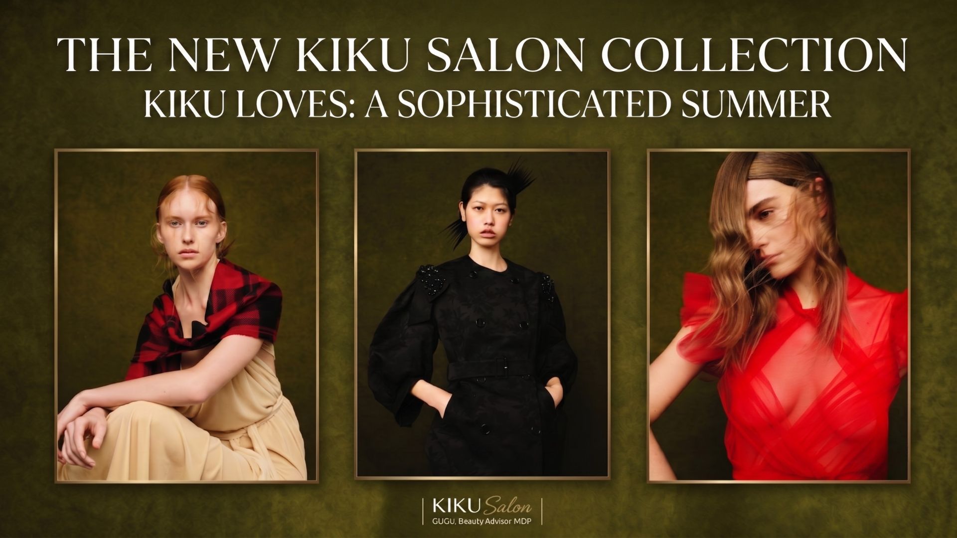 Editorial banner of Kiku Salon's KIKU LOVES collection featuring three models showcasing Toasted Brunette, Bitter Chocolate, and Nectarine Copper hair colors against an olive green background.