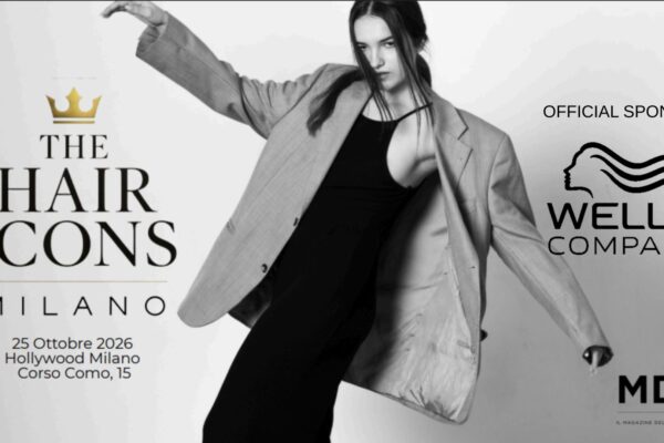 Locandina dell'evento THE HAIR ICONS Milano 2026 con annuncio di Wella Company come Official Sponsor.