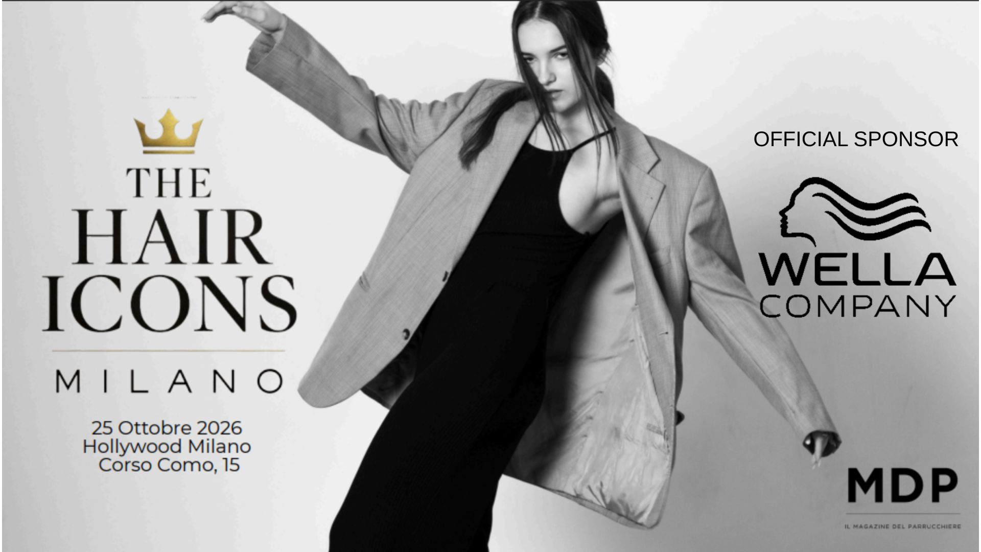 Locandina dell'evento THE HAIR ICONS Milano 2026 con annuncio di Wella Company come Official Sponsor.