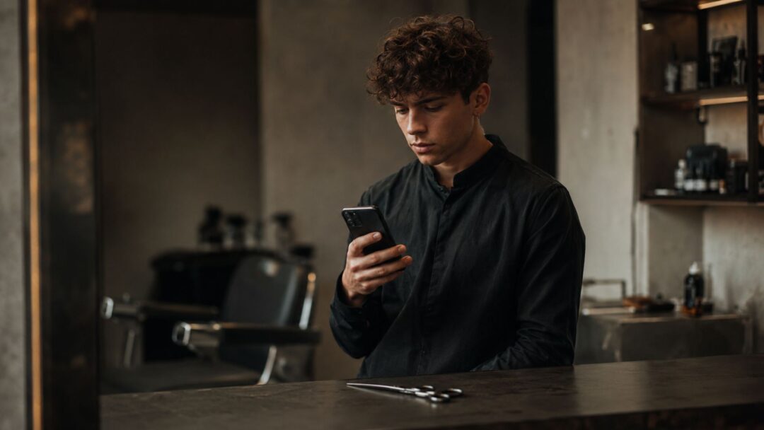 Giovane parrucchiere in un barbershop moderno guarda lo smartphone con espressione vuota, mentre una forbice è appoggiata sul bancone in primo piano; sullo sfondo si vede una poltrona da lavoro sfocata in un’atmosfera scura e cinematografica.