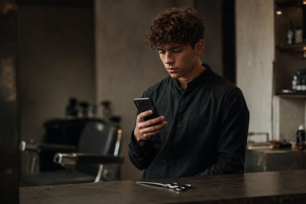 Giovane parrucchiere in un barbershop moderno guarda lo smartphone con espressione vuota, mentre una forbice è appoggiata sul bancone in primo piano; sullo sfondo si vede una poltrona da lavoro sfocata in un’atmosfera scura e cinematografica.