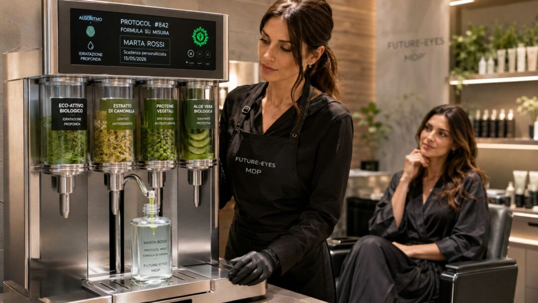 Stazione di miscelazione tecnologica in un salone di bellezza che crea una formula di prodotto personalizzata ed ecologica basata su un algoritmo.
