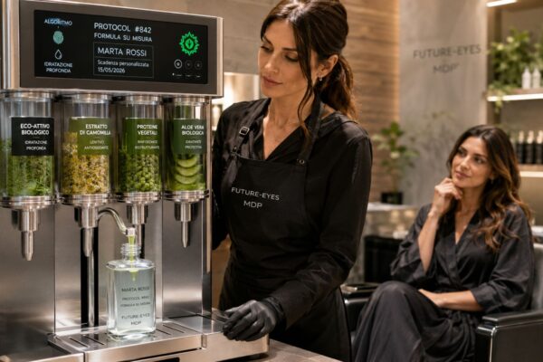 Stazione di miscelazione tecnologica in un salone di bellezza che crea una formula di prodotto personalizzata ed ecologica basata su un algoritmo.