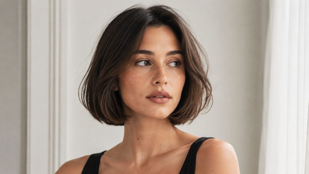 Modella con Capri Bob castano, volume naturale e riga centrale, ritratta a mezzo busto in luce naturale.