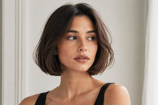 Modella con Capri Bob castano, volume naturale e riga centrale, ritratta a mezzo busto in luce naturale.