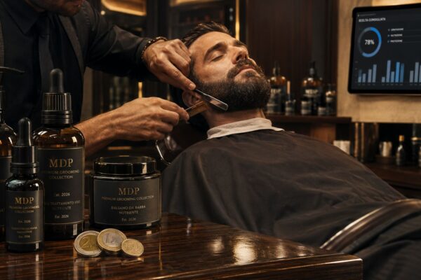 Barbiere professionista esegue un trattamento barba premium su un cliente in un barber shop italiano di lusso.