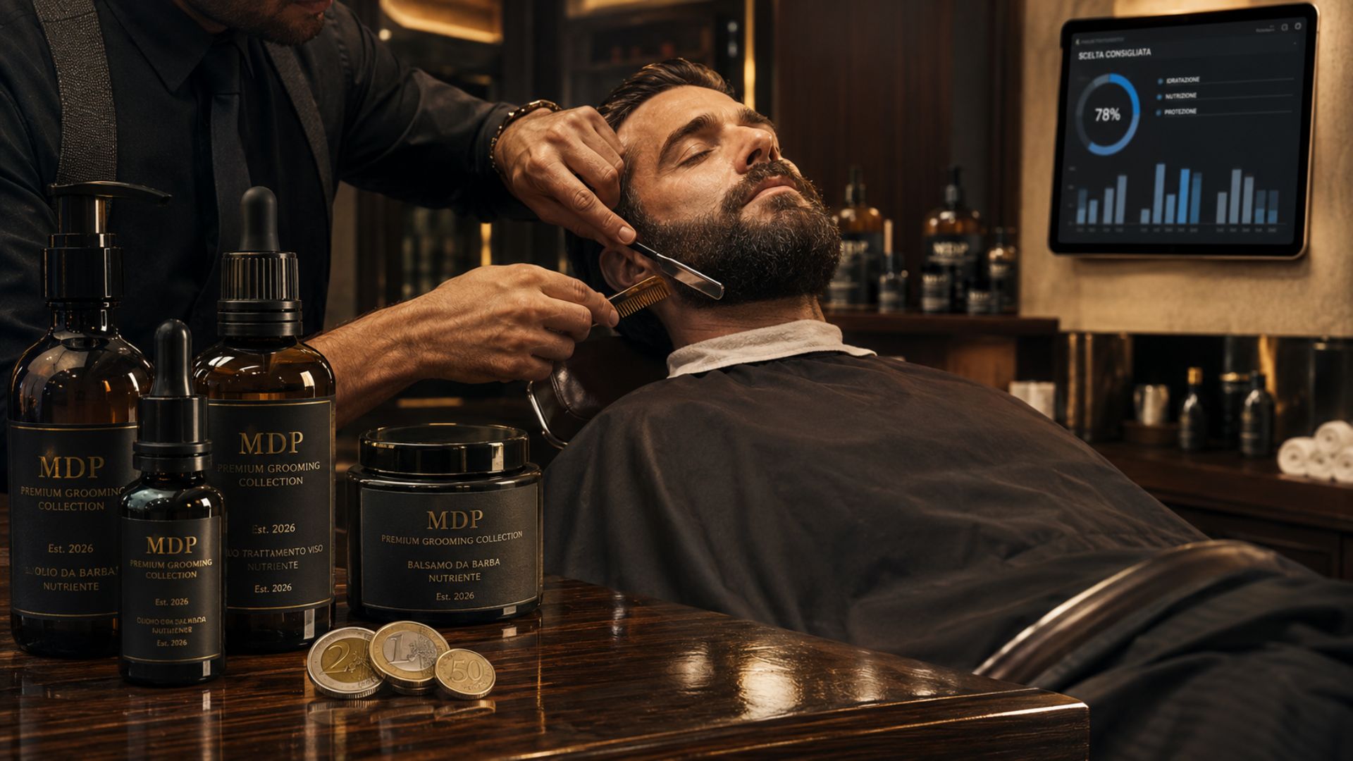 Barbiere professionista esegue un trattamento barba premium su un cliente in un barber shop italiano di lusso.