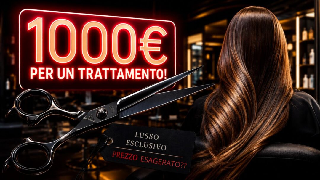 Primo piano di forbici professionali da parrucchiere appese con un'etichetta nera con testo in oro "LUSSO ESCLUSIVO" e testo in rosso "PREZZO ESAGERATO??". Dietro, una donna con lunghi capelli castani ondulati con riflessi (balayage) seduta in un salone premium. Un grande cartello al neon rosso luminoso recita "1000€ PER UN TRATTAMENTO!". L'ambientazione è scura e lussuosa.