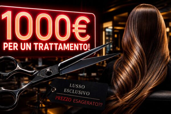 Primo piano di forbici professionali da parrucchiere appese con un'etichetta nera con testo in oro "LUSSO ESCLUSIVO" e testo in rosso "PREZZO ESAGERATO??". Dietro, una donna con lunghi capelli castani ondulati con riflessi (balayage) seduta in un salone premium. Un grande cartello al neon rosso luminoso recita "1000€ PER UN TRATTAMENTO!". L'ambientazione è scura e lussuosa.