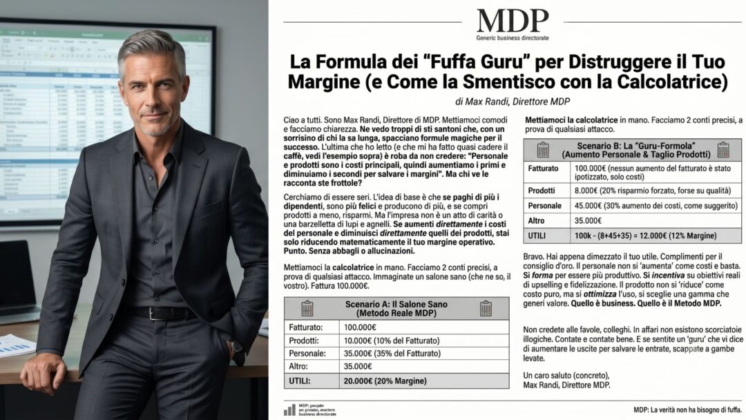Infografica di Max Randi Direttore MDP che confronta il bilancio economico di un salone sano rispetto al modello errato dei fuffa guru con tabelle su fatturato, costi del personale e dei prodotti.