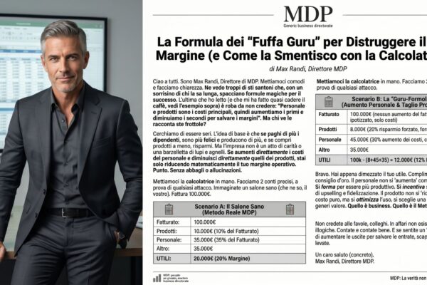 Infografica di Max Randi Direttore MDP che confronta il bilancio economico di un salone sano rispetto al modello errato dei fuffa guru con tabelle su fatturato, costi del personale e dei prodotti.