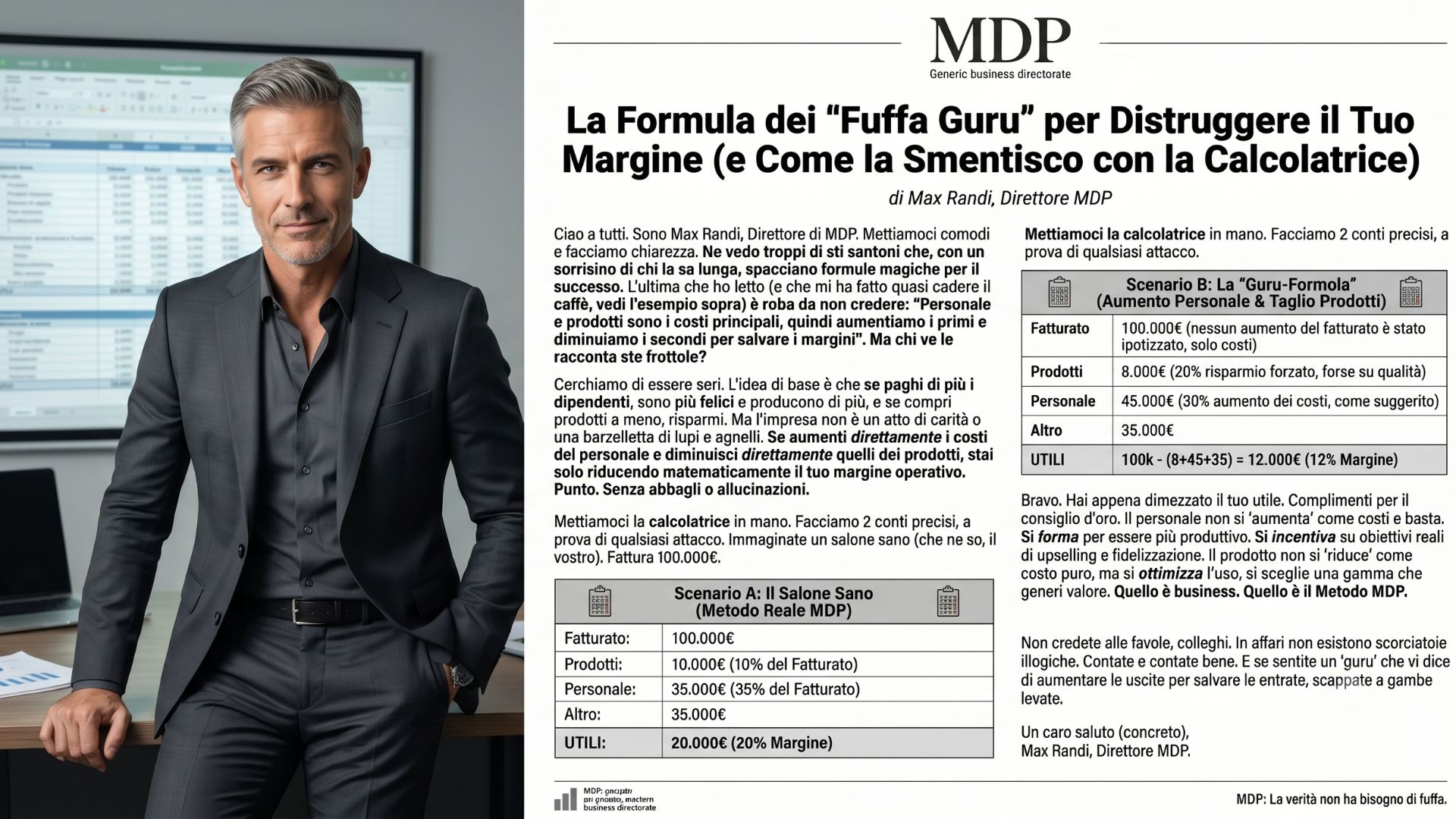 Infografica di Max Randi Direttore MDP che confronta il bilancio economico di un salone sano rispetto al modello errato dei fuffa guru con tabelle su fatturato, costi del personale e dei prodotti.