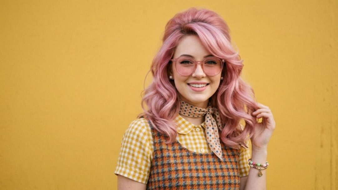Ragazza sorridente con capelli rosa pastello, acconciatura retrò anni '60, occhiali rosa e abbigliamento vintage su sfondo giallo.